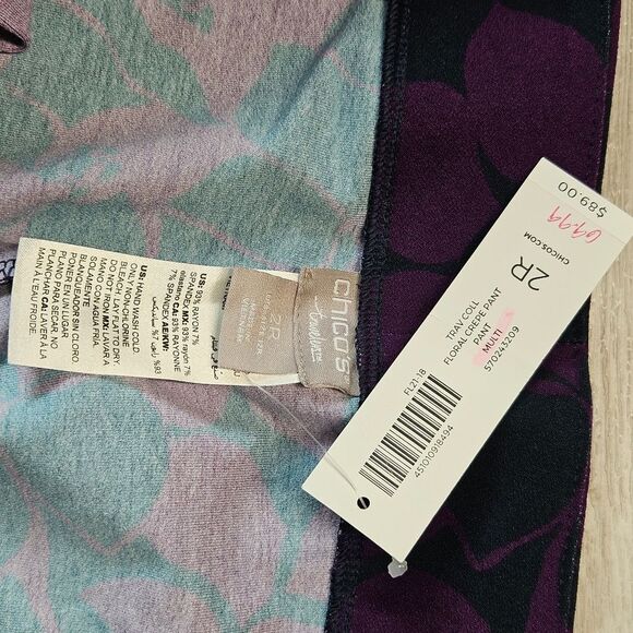 Chicos Travelers Pants Crepe Floral Straight Leg Pull On Sz 2R 12R Purple Travel - Picture 13 of 15